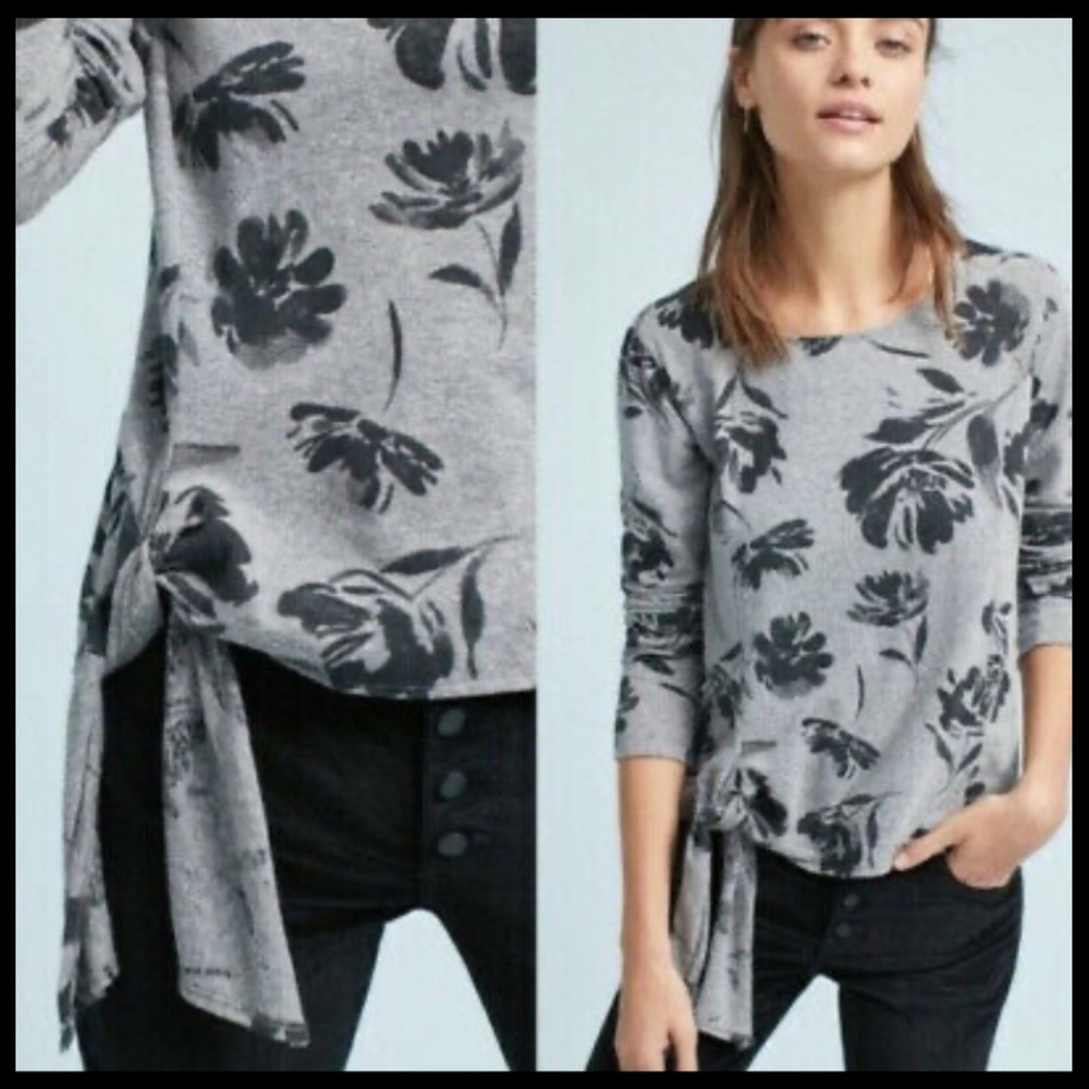 Anthropologie T.la floral grey tie knot top - Picture 1 of 8